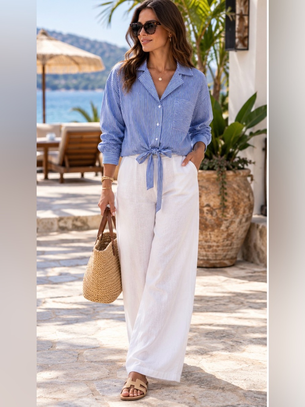 Free Assembly Cotton Poplin Tie Waist Shirt Blue and White NWT size L